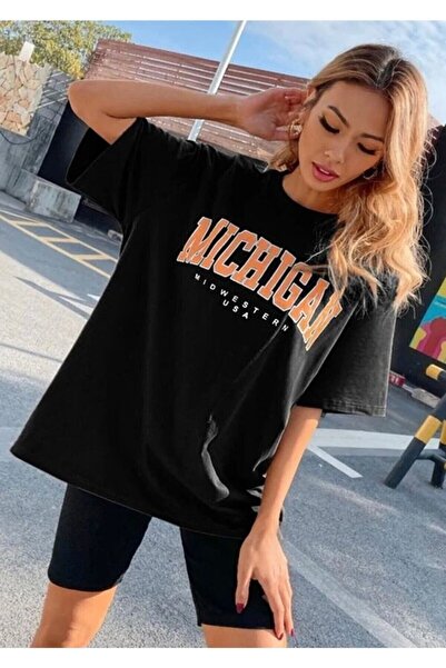 MELADYAN تي شيرت أسود كبير الحجم مطبوع للجنسين من ميشيغان