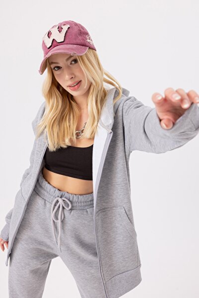 gothamvibes سترة نسائية ذات قلنسوة وسحاب كبيرة الحجم باللون الرمادي