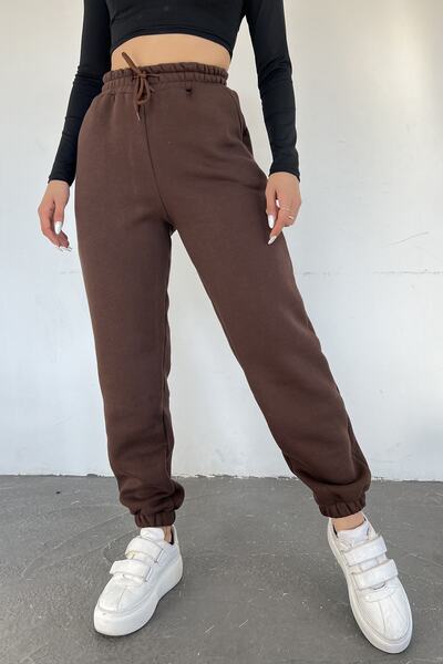 Sun Victoria Γυναικείο καφέ χειμερινό χοντρό εσωτερικό φλις ψηλόμεσο με ελαστικό πόδι Basic Jogger Sweatpants