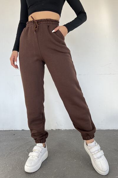 Sun Victoria Γυναικείο καφέ χειμερινό χοντρό εσωτερικό φλις ψηλόμεσο με ελαστικό πόδι Basic Jogger Sweatpants