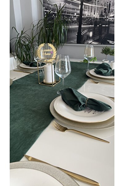 Decamor home Kadife Dokulu Dertsiz Koyu Yeşil Uzun Runner Yılbaşı Özel Masası