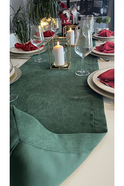 Decamor home Kadife Dokulu Dertsiz Koyu Yeşil Uzun Runner Yılbaşı Özel Masası