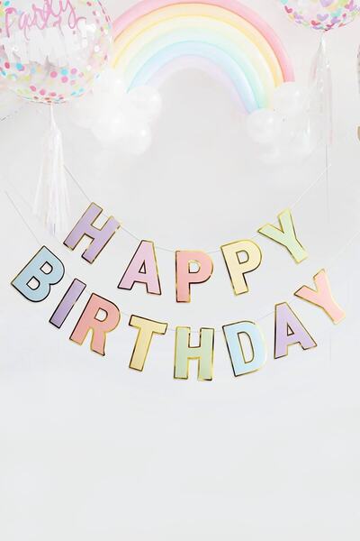Trend Hediye Sepeti Happy Birthday Altın Yaldız Makaron Banner
