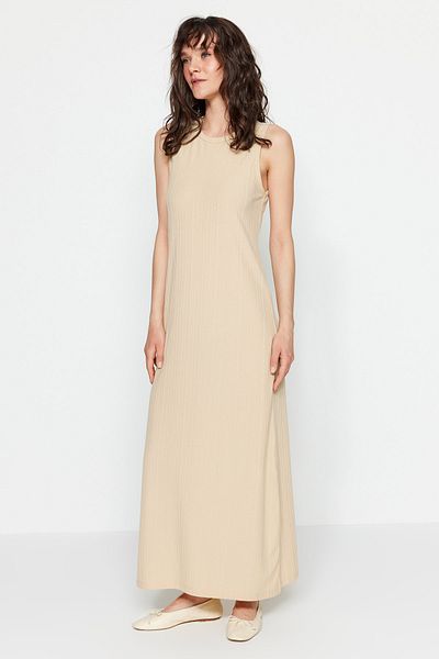 Trendyol Modest Μπεζ με κορδόνι πλεκτό αμάνικο φόρεμα - επένδυση Εσώρουχα TCTSS23EB00001