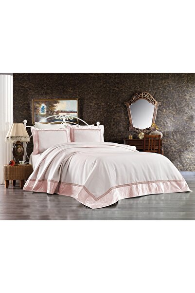 Evlen Home Collection Else French Lace Laced Double Bedspread Pique Set Bridal Dowry Set Powder (6 PIECES)