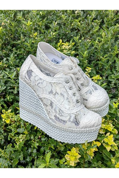Ayakkabı Tutkusu Stilo ® Bridal Shoes 12cm Wedge Heel Ivory Color Wedge Heel Lace Bridal Shoes