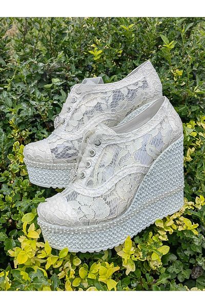 Ayakkabı Tutkusu Stilo ® Bridal Shoes 12cm Wedge Heel Ivory Color Wedge Heel Lace Bridal Shoes