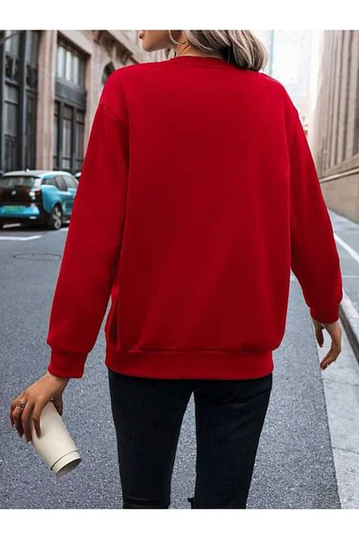 Buğraterzimoda Deer Printed New Year's Crew Neck Red Sweatshirt