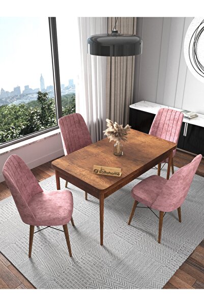 Kaffahome Fixed Barok 70x110 Cm , 4 Kişilik Sabit Masa Sandalye Takımı , Mutfak Masa Takımı - Pembe
