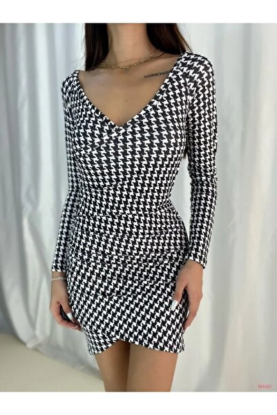 sarebutik Houndstooth Pattern Double Breasted Collar Long Sleeve Stretchy Crepe Fabric Mini Dress