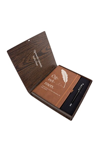 Manidar Hediye Öğretmen Temalı Ahşap Kutuda Kahverengi Ajanda Kalem Seti