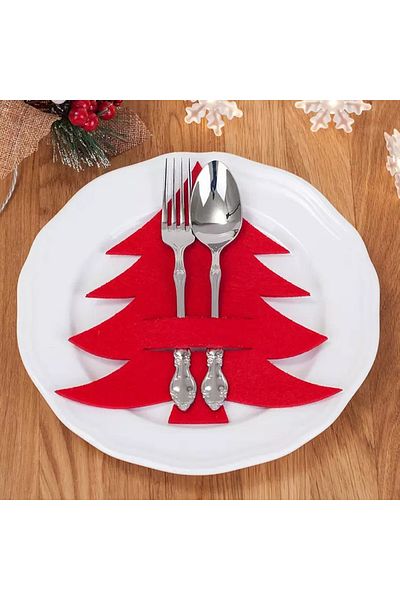 DİKEN STORE Christmas Pine Tree Shaped Decorative Spoon Holder Tableware Accessory Red Set of 6