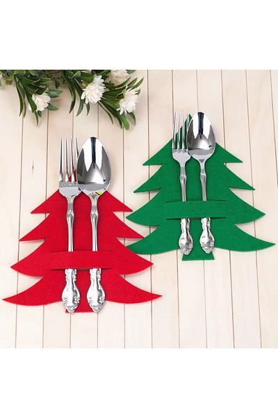 DİKEN STORE Christmas Pine Tree Shaped Decorative Spoon Holder Tableware Accessory Red Set of 6
