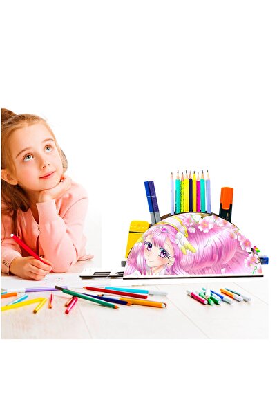 Notpa Pink Happy Anime Rainbow - صندوق حامل أقلام خشبي للأطفال، منظم سطح المكتب مع مسطرة Gk59