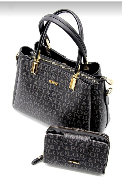 Just Polo طقم حقيبة ومحفظة نسائية سوداء مكونة من 5 أقسام