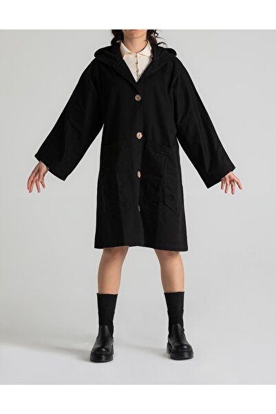 RUBYSTARS Siyah Salaş Kesim Büyük Cep Ve Düğme Detaylı %100 Pamuk Kapüşonlu Oversize Trençkot