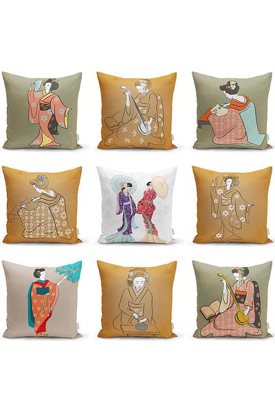 Realhomes Double Sided Traditional Japanese Female Figure Special Design Decorative Modern Raschel Knitted Throw Pillow Cover