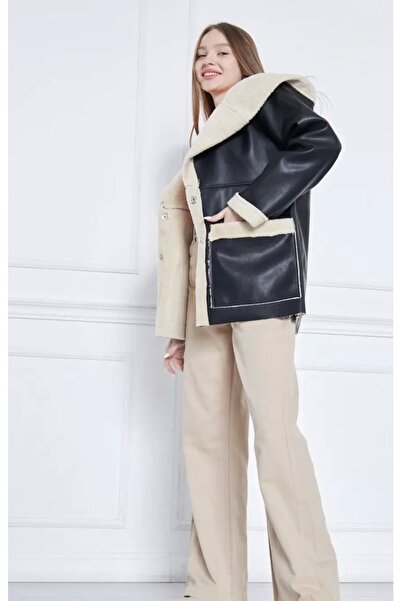 ayakuydur Kadın Şal Yaka Kapüşonlu Krem Kürklü Siyah Kaban