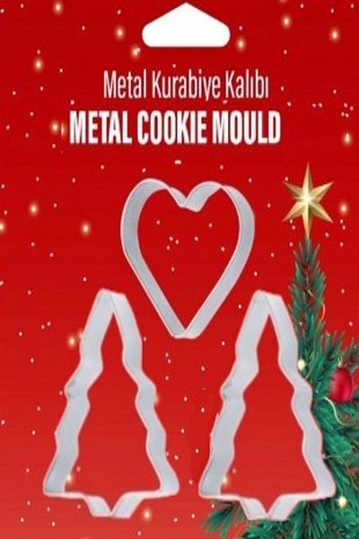 Bayev New Year's Special 3 Piece Metal Cookie Mold 2 Pieces Pine Tree 1 Piece Heart Cake Cookie