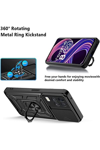 Fibaks Oppo Realme 8 Pro Uyumlu Kılıf Kamera Korumalı Sürgülü Yüzüklü Armor Military Tank Kapak