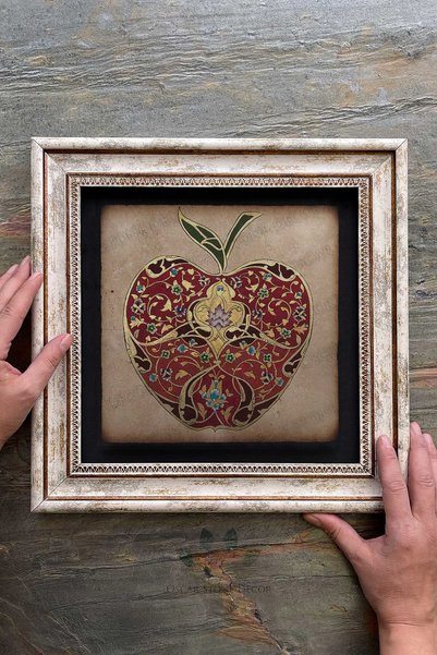 Oscar Stone Decor Çerçeveli Tablo Taş Duvar Dekoru 30 X 30 Cm Eskitme Çizim Elma