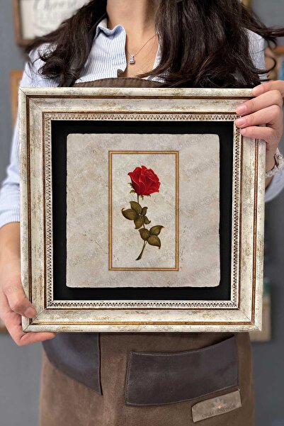 Oscar Stone Decor Çerçeveli Tablo Taş Duvar Dekoru 30 X 30 Cm Tek Gül Tablosu