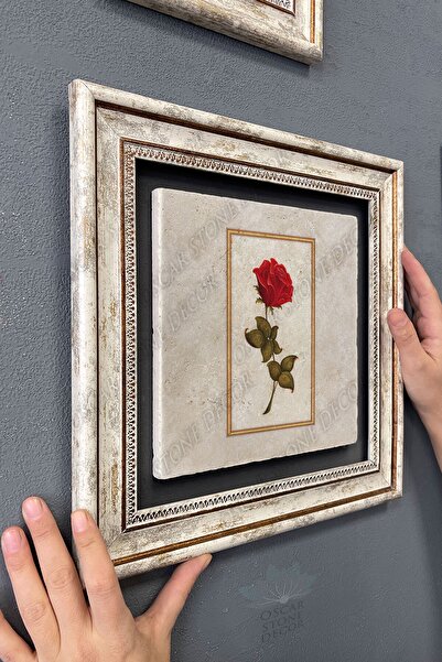 Oscar Stone Decor Çerçeveli Tablo Taş Duvar Dekoru 30 X 30 Cm Tek Gül Tablosu