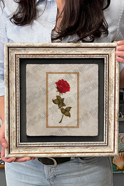 Oscar Stone Decor Çerçeveli Tablo Taş Duvar Dekoru 30 X 30 Cm Tek Gül Tablosu
