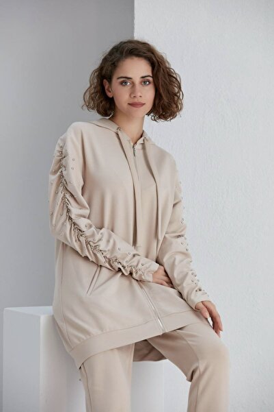 Byümranaslan Bej Kolları Detaylı Kapüşonlu Takım