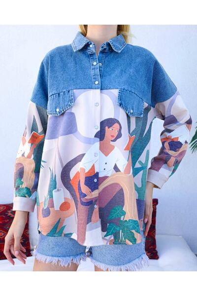 Shadow istanbul Bej Baskılı Keten Kot Kadın Gömlek S138822