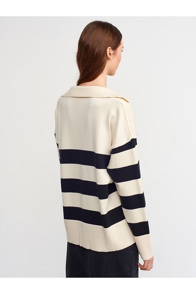 Dilvin 10325 Pulover cu dungi cu gât polo-crem-negru