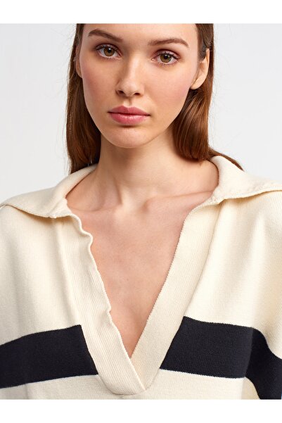 Dilvin 10325 Pulover cu dungi cu gât polo-crem-negru