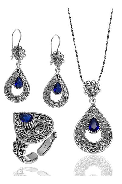 Midyat Nurtaş Gümüş Safir Taşlı Damla Tasarım Telkari Gümüş Üçlü Set 201014417