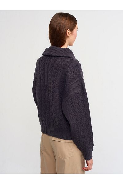 Dilvin Trucker Collar Zippered Sweater Smoked
