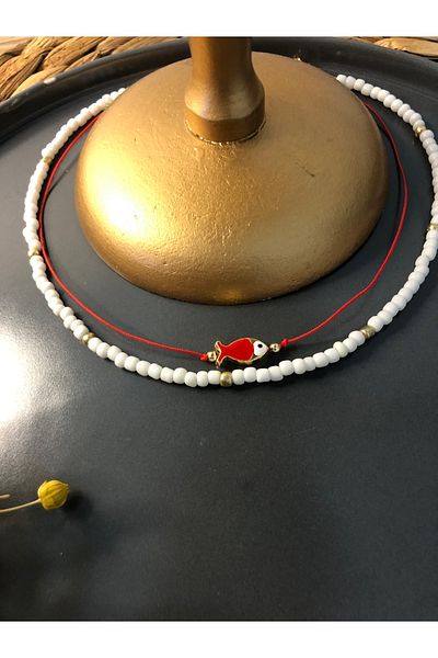 Stoneday Red Fish Detailed Rope Necklace White Sand Bead Set of 2 Necklace