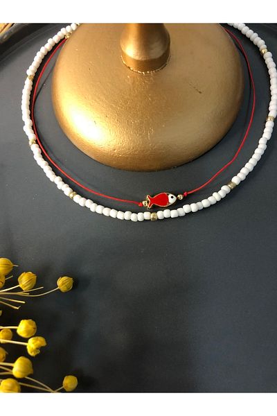 Stoneday Red Fish Detailed Rope Necklace White Sand Bead Set of 2 Necklace