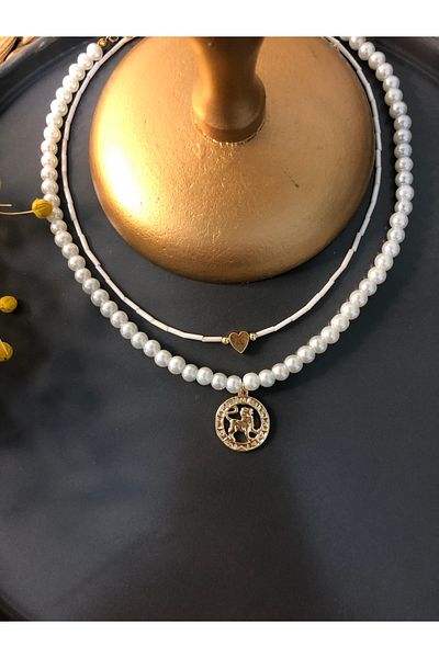 Stoneday Pearl Gold Heart Detailed Stick Beaded Design Set of 2 Necklace with Pearls