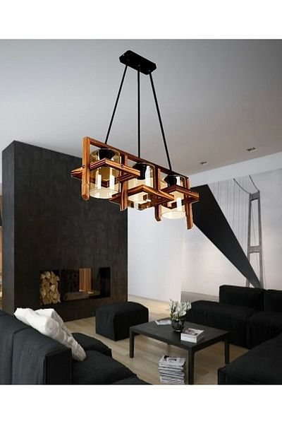 Bidolushop Decorative Twoline 3-Piece Wooden Chandelier Black Installation Stylish Design Compatible with Every Environment