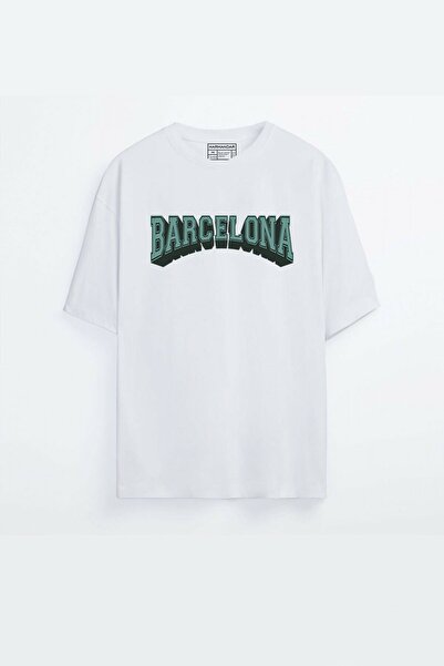 MELADYAN Harmandar - تي شيرت أبيض كبير الحجم مطبوع عليه برشلونة للجنسين