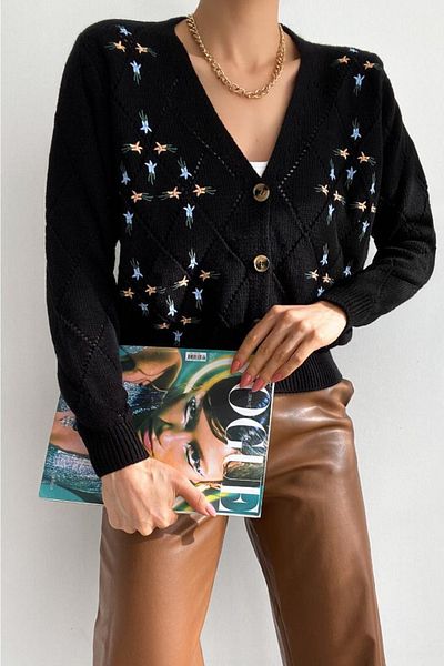 FEMELLE Cardigan de damă, negru, mărime standard, cu detalii ajurate, cu broderie florală (compatibil S/M)