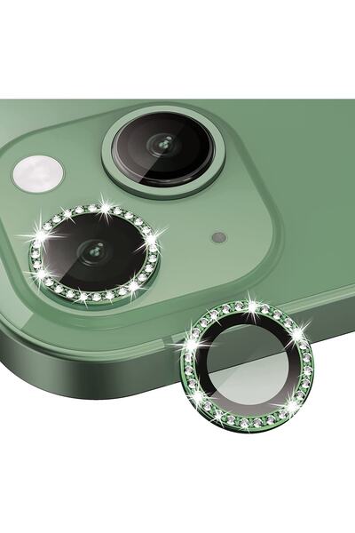EDELFU Apple Iphone 13 Taşlı Tasarım Temperli Cam Kamera Lens Koruyucu - Yeşil