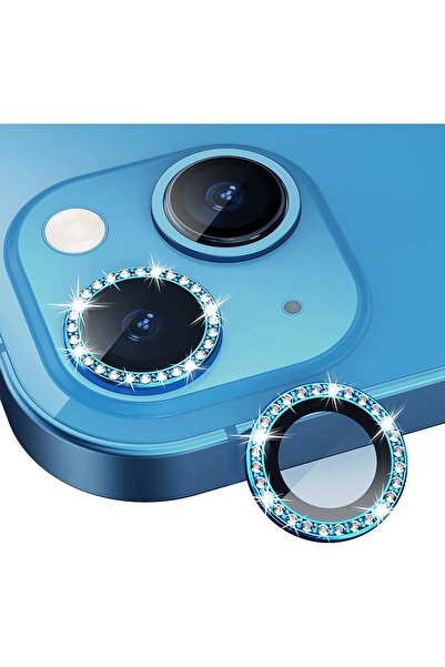 EDELFU Apple Iphone 13 Taşlı Tasarım Temperli Cam Kamera Lens Koruyucu - Mavi