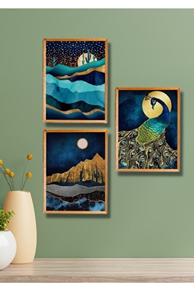 NT Handmade 3 Parça Ahşap Çerçeve Görünümlü Nordic-blue - Salon Yatak Odası M...