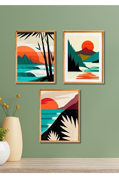 NT Handmade 3 Parça Ahşap Çerçeve Görünümlü Günbatımı - Salon Yatak Odası Mut...