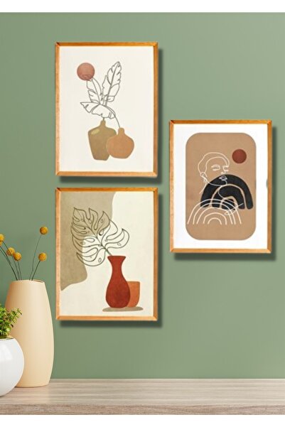 NT Handmade 3 Parça Ahşap Çerçeve Görünümlü Brown-line Soyut - Salon Yatak Od...