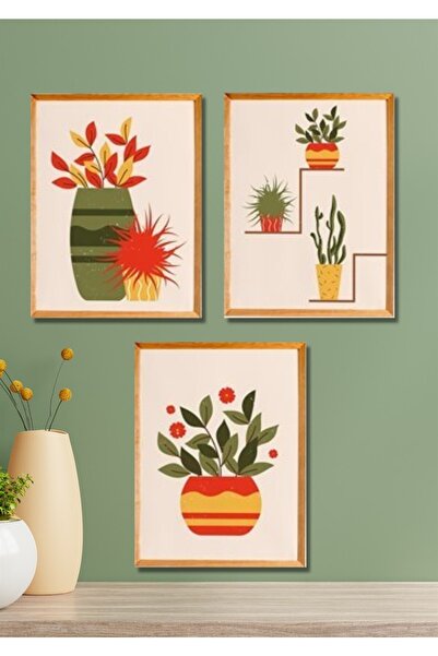 NT Handmade 3 Parça Ahşap Çerçeve Görünümlü Turuncu Soyut Saksılar - Salon Ya...