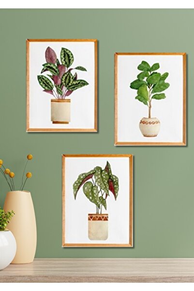 NT Handmade 3 Parça Ahşap Çerçeve Görünümlü Botanic Vase - Salon Yatak Odası ...