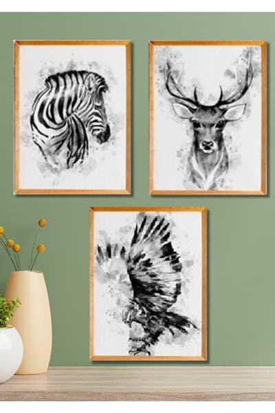 NT Handmade 3 Parça Ahşap Çerçeve Görünümlü Siyah-beyaz Hayvanlar - Salon Yat...