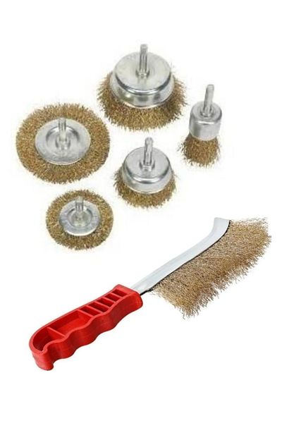Depolife 6 Piece Wire Brush Set for Pin Drill Brass Coated Handle Hand Steel Wire Brush Cylinder Tapered Set