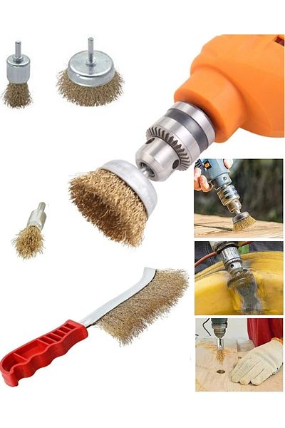 Depolife 6 Piece Wire Brush Set for Pin Drill Brass Coated Handle Hand Steel Wire Brush Cylinder Tapered Set